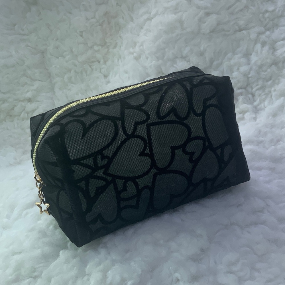 Black Heart Pattern Cosmetic Pouch with Gold Zip (NWOT)
